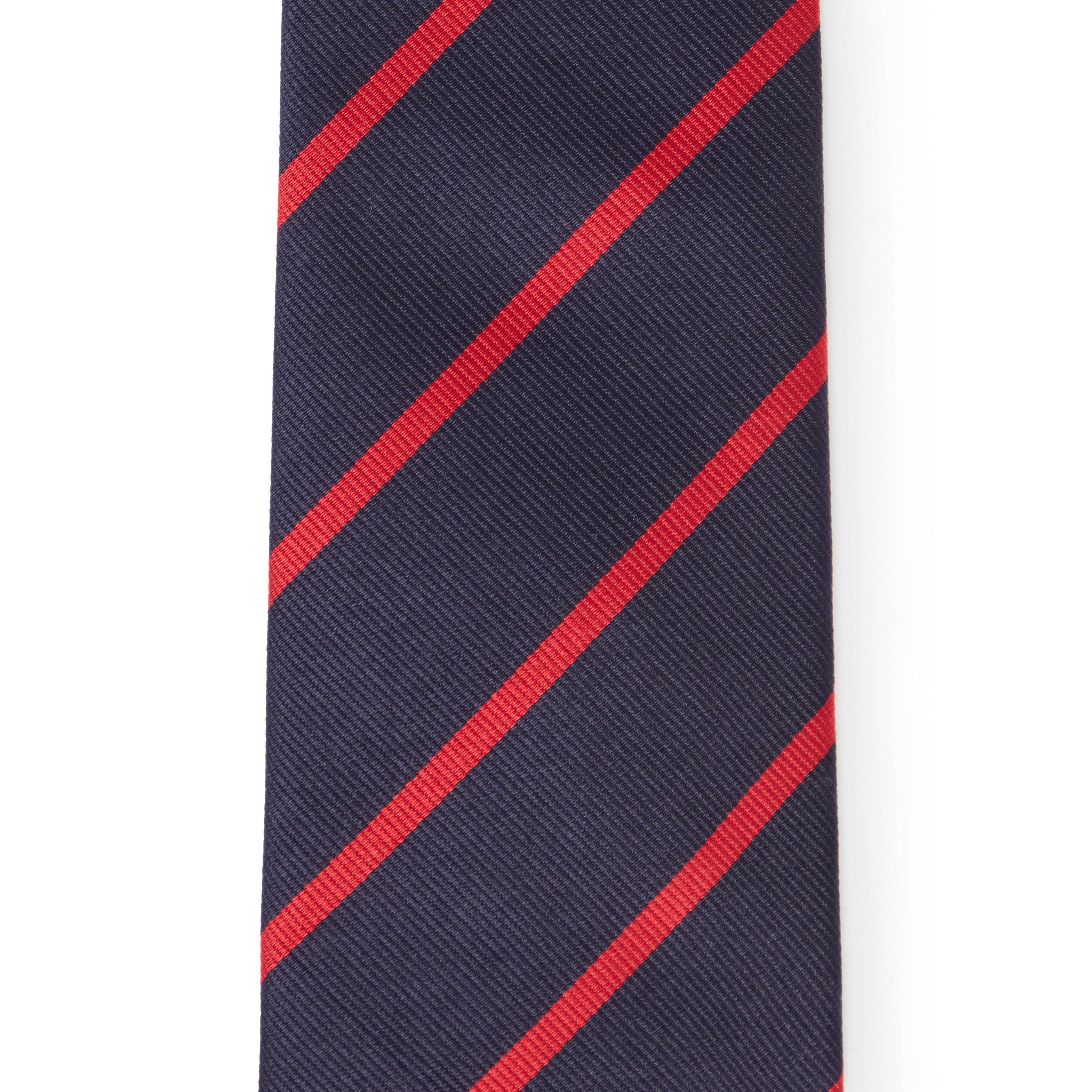 Navy Blue & Red Single Stripe Silk Woven Tie