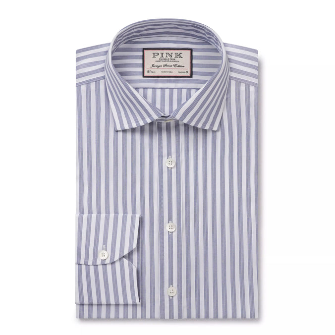 Deep Blue & White Tailored Fit Pillar Stripe Formal Shirt
