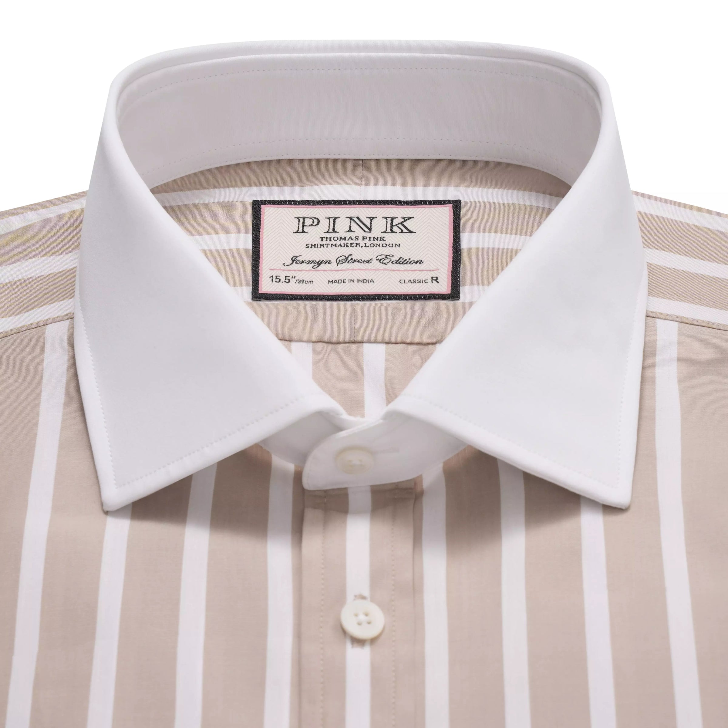 Beige & White Classic Fit Double Cuff Butcher Stripe Formal Shirt